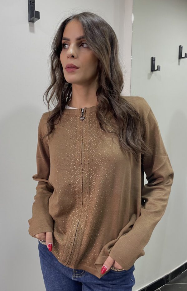 Maglia Marrone con Zip e Brillanti - Made in Italy - immagine 3